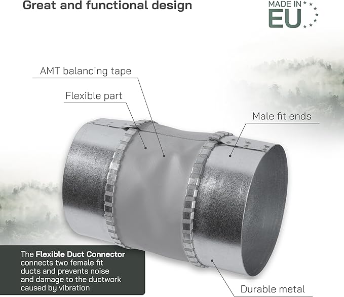 Vent Systems 4" Inch Flexible Vibration-Reducing Male Fit Duct Connector – Round Galvanized Steel Dryer Vent Hose Connector, Spiral Duct, Pipe Extender, HVAC Ventilation - Inline Duct Work Coupler