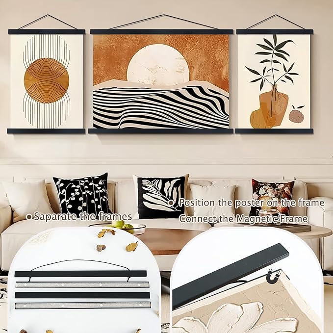 2 Pack Magnetic Poster Hanger Frame, 33x24 33x23 33x47 Light Wood Wooden Magnet Canvas Artwork Print Dowel Poster Hangers Frames Hanging Kit (Black, 33", 2 Packs)