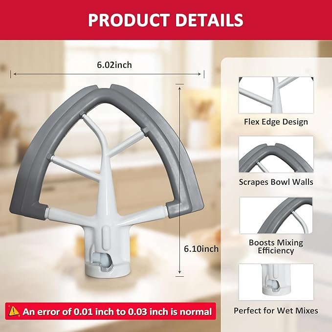 Flex Edge Beater for KitchenAid 4.5/5 Qt Tilt-Head Stand Mixer – Silicone Paddle, Dishwasher Safe, Flexible Silicone Edges Bowl Scraper For Kitchen Aid Accessories and Attachments (Grey)