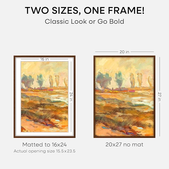 Homeforia 20x27 Picture Frame Brown, High End Dark Oak 20x27 Poster Wood Frame with Mat 16x24 for Photo, 20 x 27 Wooden Walnut Frame Matted to 16 x 24, 27x20 Frames, Tempered Glass, Wall Kit, Set of 3