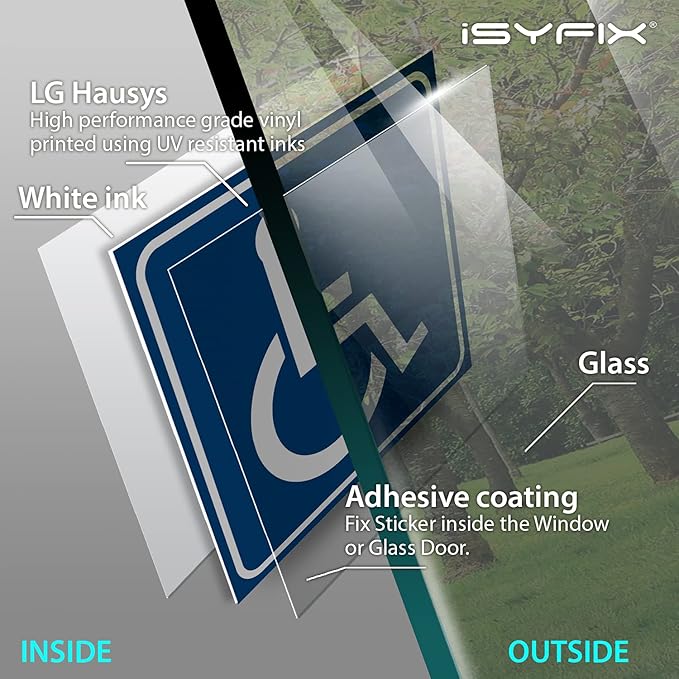 iSYFIX Handicap Signs Stickers Decal Symbol - 4 pack 6x6 inch - ADA Compliant - Premium Front Adhesive Vinyl for Applying inside the Window or Glass Door, Disabled Wheelchair Sign, Disability Sticker.
