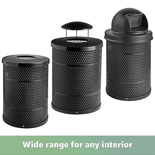 32 Gallon Perforated Recycle Container with Plastic Dome Lid, Steel Outdoor Heavy-Duty Commercial Trash Can, Black Round Waste Bin, Durable Garbage Can for Municipalities, Schools, Parks, Parking