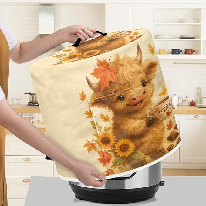 Thanksgiving Day Decor Kitchen Appliance 3 Quart Pressure Cooker Air Fryer Rice Cooker Dust Cover with Top Handle and Storage Pocket Maple Leaf Cute Highland Cow