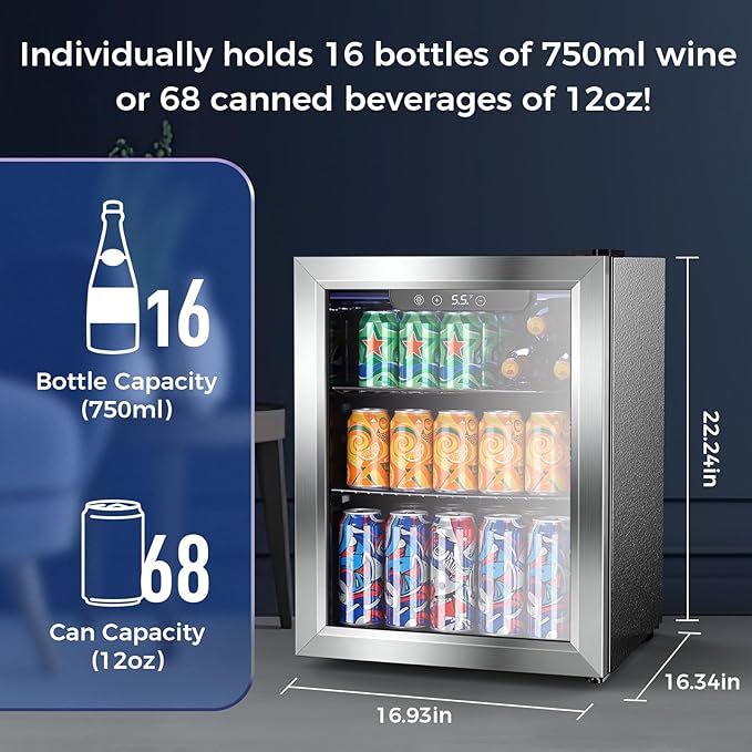 COWSAR 1.7 Cu Ft Beverage Refrigerator and Mini Fridge Cooler - 68 Can Capacity, Glass Door, Quiet Operation, LED Temperature Control, Holds 16 Wine Bottles for Bar, Home, Office