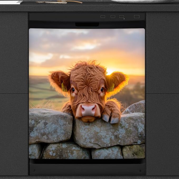 Animal Highland Cow Dishwasher Magnet Cover Highland Cow Magnetic Dishwasher Decorative Cover Front Dishwasher Door Cover Reuseable Dishwasher Cover for Kitchen Refrigerator Home Appliances 23" X 26"
