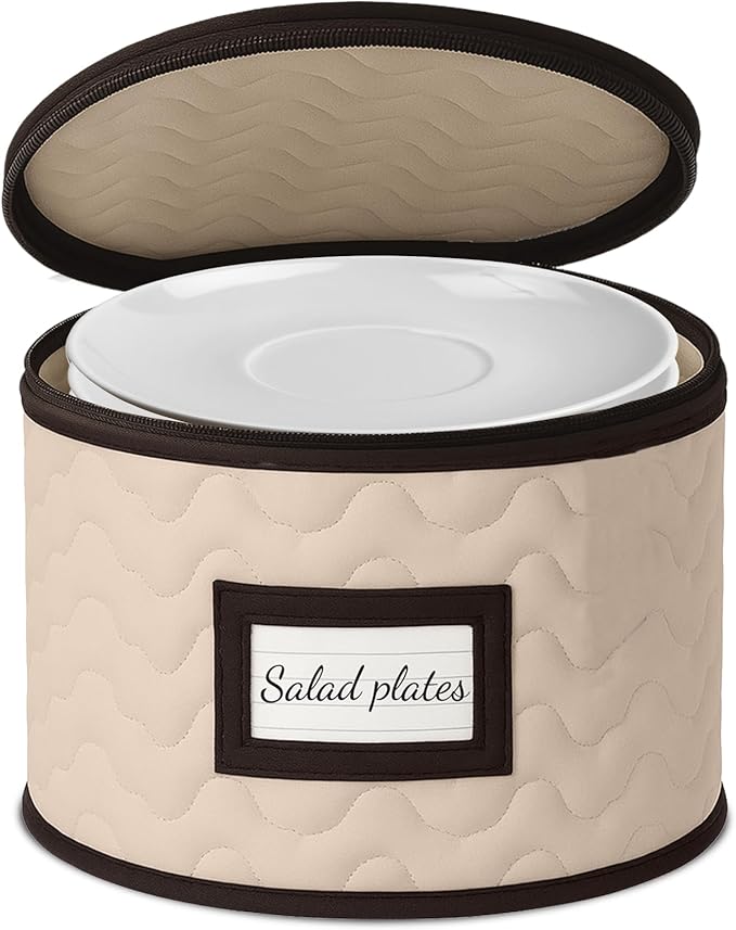 Salad Plates Storage - Quilted Microfiber China Organizer Box with Dividers , Protects & Organizes Up to 12 Plates of 8" - Ideal for Seasonal Dishware Protection