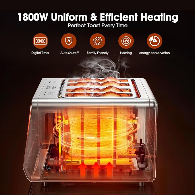 4 Slice Toaster Wide Slot– Dual Digital TouchScreen & Independent Control Panel | Single-Slice Modes/Reheat/Defrost | 1800W Stainless Steel Toaster for Bagels & Artisan Bread