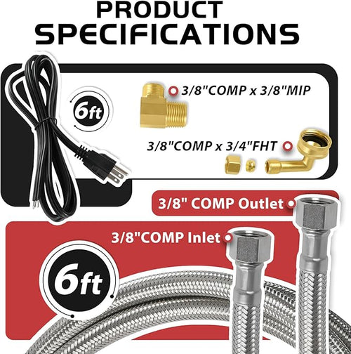 (10 Kit) Efield Dishwasher Installation Kit, 6 FT Stainless Steel Supply Hose, 3/8" X 3/8" Compression Adapter, 3-Wire 6” Power Cord with Tap,(HOSE149-10PCS)
