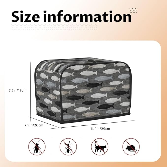 2 Slice Toaster Cover for Kitchen Gray Fish Pattern Waterproof and Dustproof Oxford Fabric Toaster Dust Cover with Side Pockets Decorative Universal Cover for Wide Slot Toasters and Small Appliances