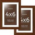 Homeforia 4x6 Brown Picture Frame, High End Dark Oak 4x6 Wooden Frames with Mat 3x5 Photo, 4 x 6 Walnut Wood Frame Matted to 3 x 5 Print, 6x4 Wall or Tabletop Frame, Tempered Glass, Wall Kit, Set of 2
