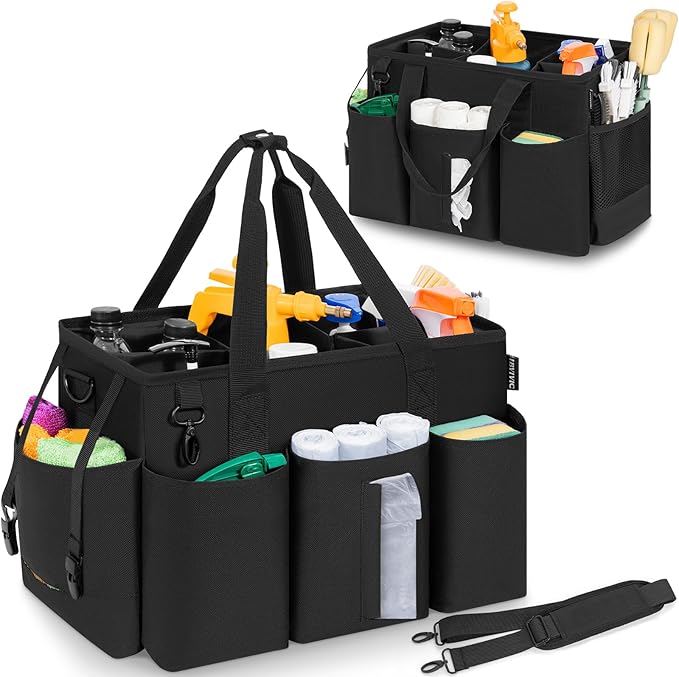 Wearable Cleaning Caddy Bag for Cleaning Supplies, Large Capacity Cleaning Organizer Tote Bag Simple Kitchen Cleaning Supplies Storage Bag for Cleaners Housekeepers (Black)