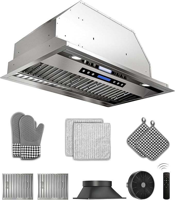 30 inch Stainless Steel Insert Range Hood - 900 CFM, Ultra-Quiet 4-Speed Vent, Touch/Remote Control, LED Lights, Ducted/Ductless Convertible