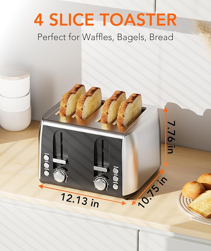 Cowsar Toaster 4 Slice Retro Stainless Steel, Compact 4 Slice Toaster with Extra Wide Slots for Toasting Bread, Bagel, Cancel/Bagel/Defrost Function, Toast Boost, 6 Shade Settings
