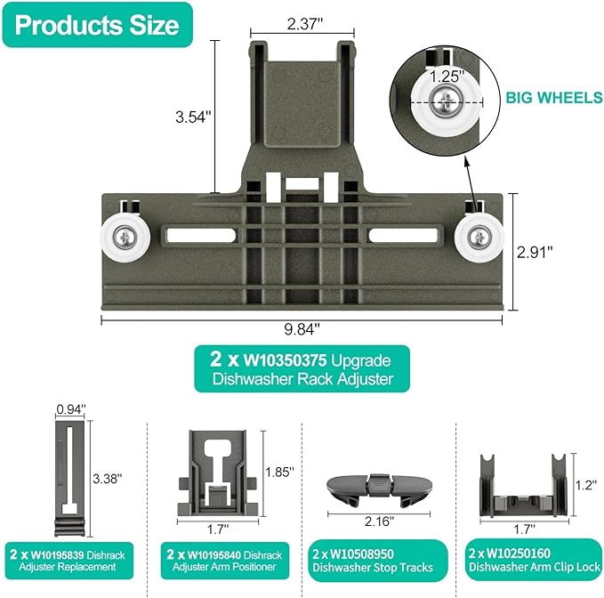 UPGRADED W10350375 Dishwasher Top Rack Adjuster Parts Replacement for Whirlpool Dishwasher Parts WDT730PAHZ0 WDT750SAHZ0 WDTA50SAHZ0 WDT970SAHZ0 Upper Rack Parts,Fits Kenmore Dishwasher Top Rack Parts