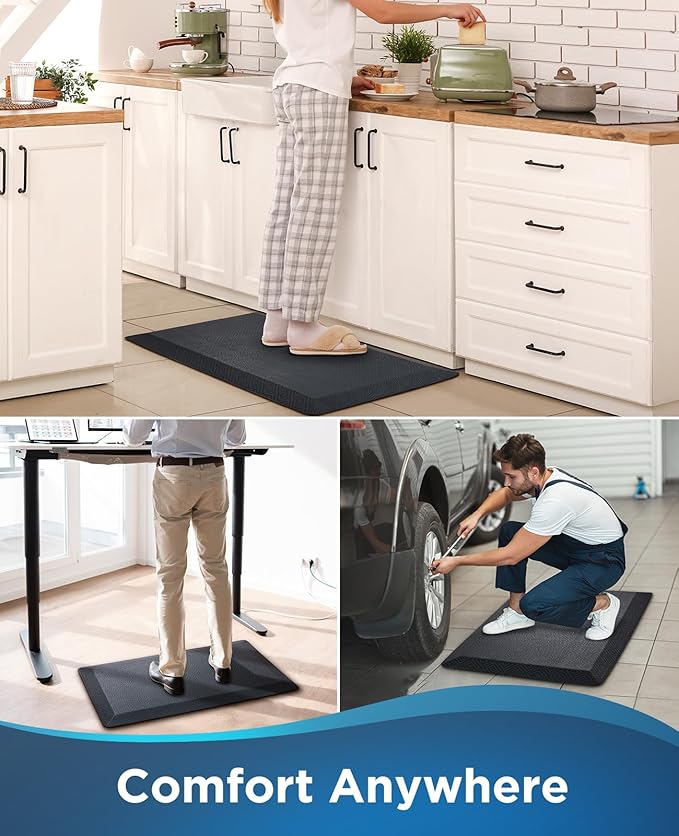 Ophanie Kitchen Mats for Floor, 3/4 inch Thick, 20x32 Anti Fatigue Cushioned Mat, Kitchen Rugs, Waterproof, Comfort Ergonomic Standing Mat for Office, Home, Sink, Black Non-Slip Ridged Bottom