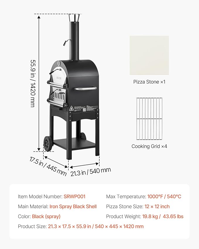 VEVOR Outdoor Pizza Oven, 12" Pellet Fire Ovens, 2-Layer Pizza Oven Wood Fired, Wood Burning Outdoor Pizza-Oven with 2 Removable Wheels, 1000℉ Max Temperature Fired Pizza-Maker Ovens for Barbecue