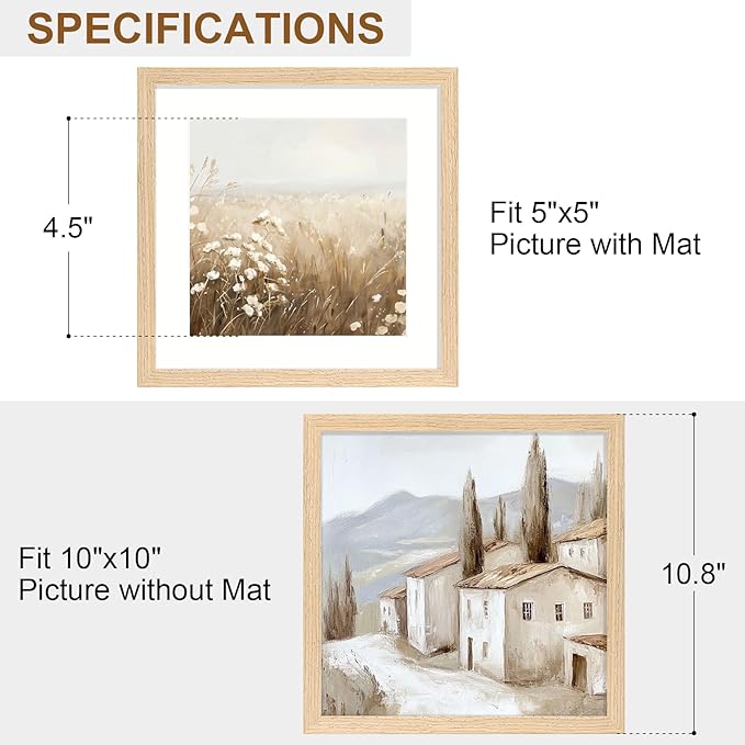 Vittanly 10x10 Picture Frame Set of 2, Solid Wood Frame for Wall or Tabletop, Display Photo 5x5 with Mat or 10x10 without Mat, Natural
