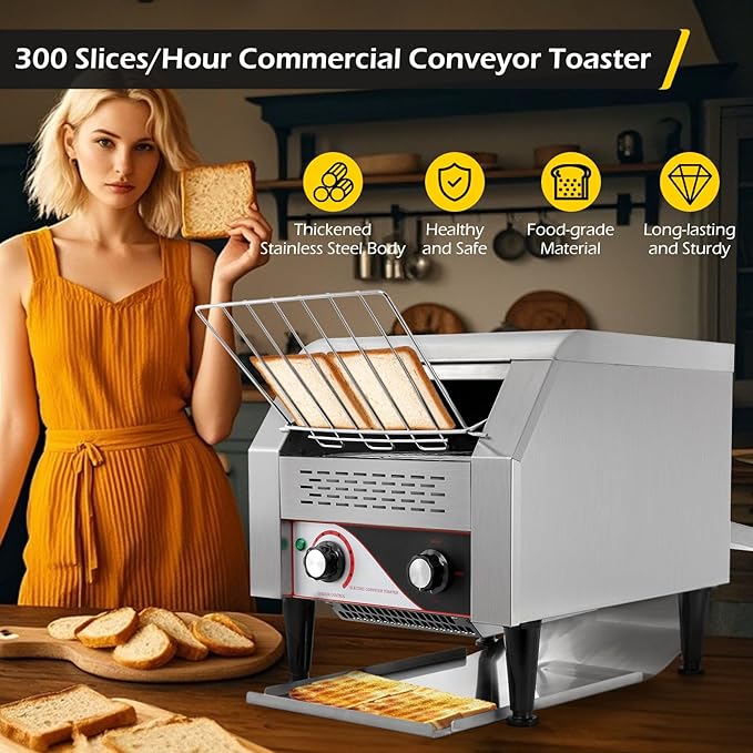 Dyna-Living Commercial Toaster 300 Slices/Hour Conveyor Toaster Commercial 1900W Heavy-duty Stainless Steel Rotating Toasters Oven for Restaurant, Conveyor Belt Toasters for Bun, Bagel, Bread