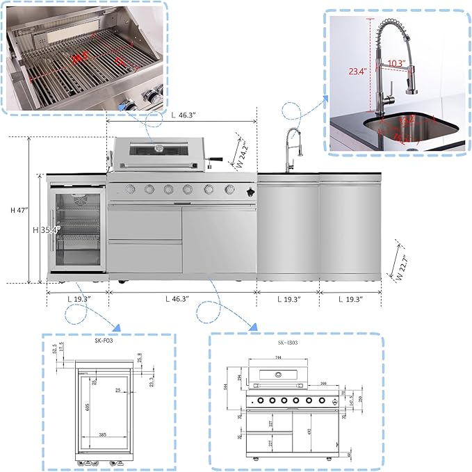 104 Inch Outdoor Kitchen Island, 7200 BTUsGas Grill Combination With Refrigerator and Sink, Outdoor Stainless Steel Barbecue Bar, Propane Grill for Patios, Gardens, Parties