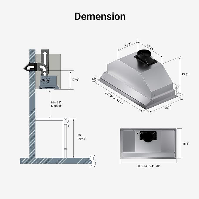 IKTCH 30 inch Built-in/Insert Range Hood 900 CFM, Ducted/Ductless Convertible Duct, Stainless Steel Kitchen Vent Hood with 2 Pcs Adjustable Lights and 2 Pcs Baffle Filters with Handlebar