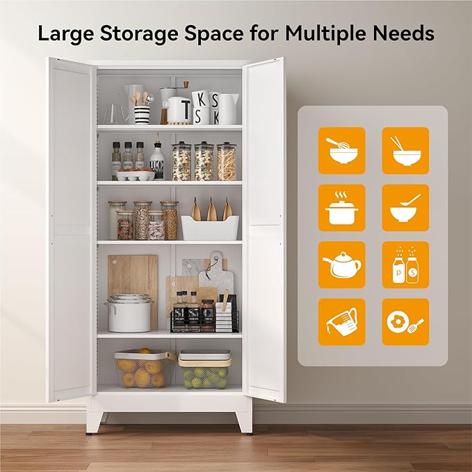 COFaR 71" Tall Pantry Cabinet with 5 Adjustable Shelves, White Storage Cabinet with Doors, Sturdy Freestanding Cupboard for Kitchen Organization, Living Room & Bathroom