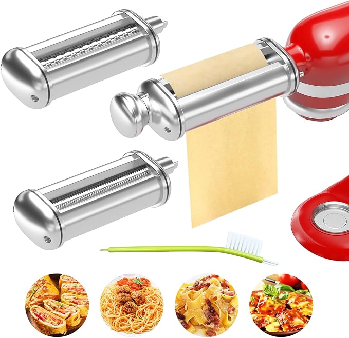 3PCS Pasta Maker Attachment for All Kitchenaid Stand Mixers, Stainless Steel Pasta Attachments Include Spaghetti Cutter & Fettuccine Cutter, Pasta Roller with 8 thickness knob