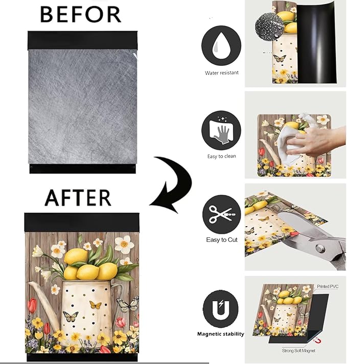Farmhouse Lemon Dishwasher Magnet Cover,Pastoral Flowers Butterfly Magnetic Dishwasher Cover Vinyl Sticker,Fridge Door Cover Magnets Art Skin Panel Decal,Home Decor Decal,23"X26"