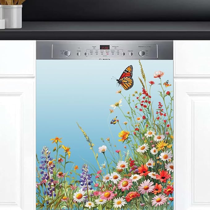 Dishwasher Magnet Cover Flower Red Beautiful Dishwasher Decorative Cover Front Dishwasher Door Cover Reuseable Dishwasher Cover Panel Decal for Kitchen Refrigerator Home Appliances 23" X 26"