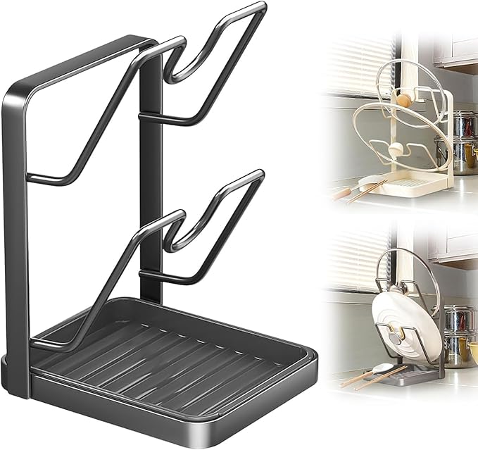 Kitchen Pot Lid Storage Rack, Premium Bamboo Pot Lid Holder with Adjustable Slots, Removable Drip Tray, and Space-Saving Design – Cutting Board Organizer & Pot Cover Stand for Countertop, Cabinet