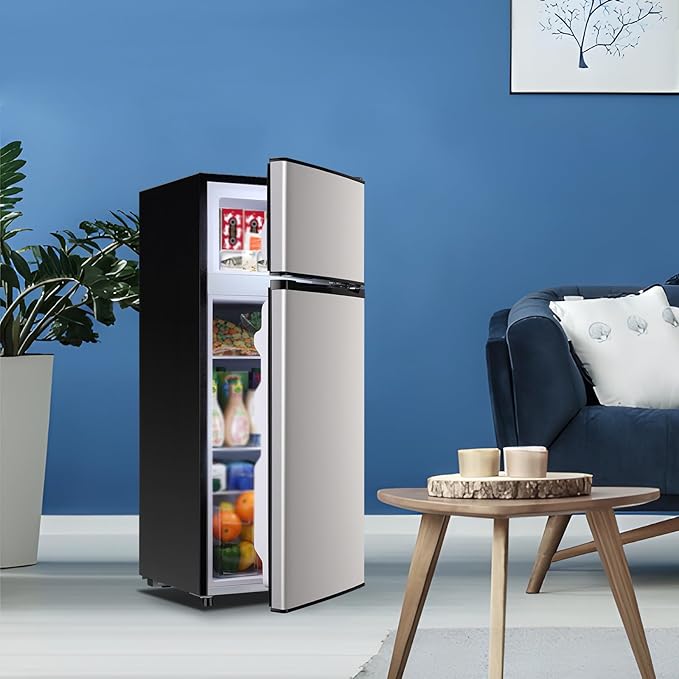 4.5 CU.FT Capacity Compact Refrigerator with Freezer Double Door Mini Fridge Small Apartment Refrigerator with 7 Adjustable Temp Control & 3 Glass Shelves for Kitchen Office Dorm Silver