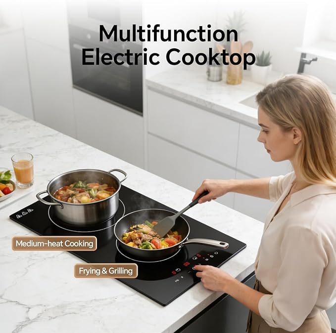 Ranein Induction Cooktop 12 Inch, Build-in 2 Burners Electric Stove Top, 9 Power Settings, Max 1800W, Sensor-Control Induction Hob with Multiple Safety Protections, Compatible with Magnetic Cookers