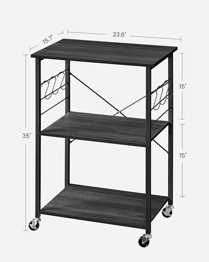 VASAGLE Kitchen Shelf on Wheels, 23.6 Inches Serving Cart with 3 Shelves, Kitchen Cart, Microwave Shelf, for Mini Oven, Toaster, with 6 Hooks, Industrial Style, Ebony Black and Ink Black UKKS060B42