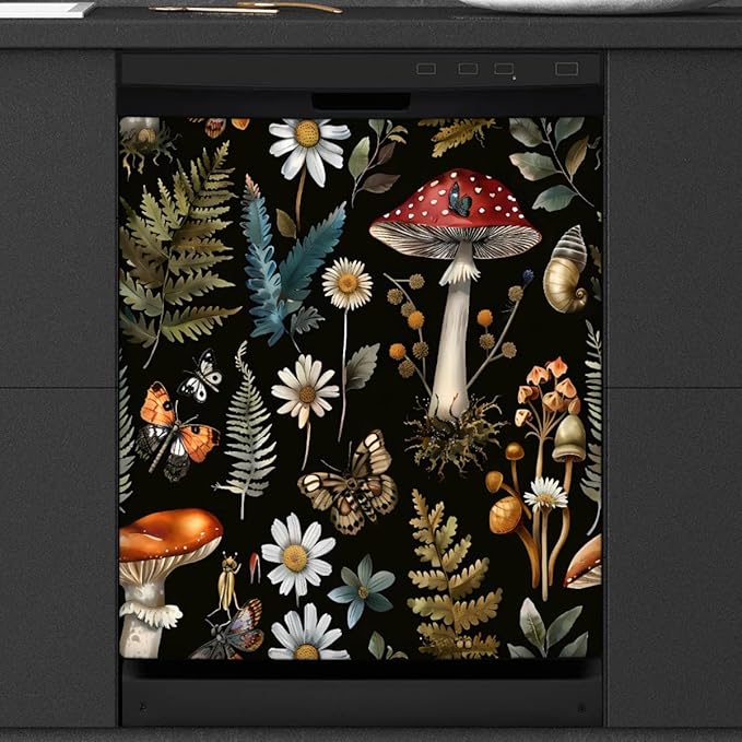 Dishwasher Magnet Cover Forest Mushroom Butterfly Snails Flower Reusable Dishwasher Magnetic Cover Sticker Decorative Dish Washer Door Cover Panel for Home Kitcen Appliance