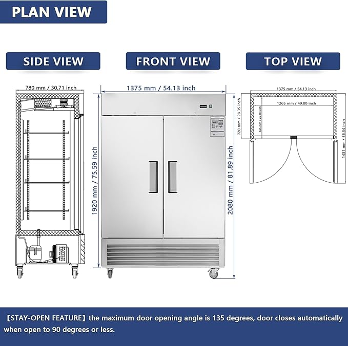 54"W Commercial Freezer 2 Section 2 Solid Door Stainless Steel Reach-in Freezer 42.2 Cu.ft. Upright Fan Cooling Freezer for Restaurant, Bar, Shop, Home, Business, Kitchen, Residential, ETL & DOE