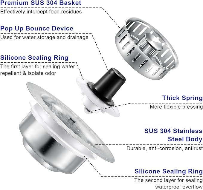 Sink Drain Strainer Screen with Spring-Loaded Core, Universal Press-Down Type Leak-Stop Plug for Kitchen Sink Dish Washing Basin Drain Assembly (Stainless Steel)