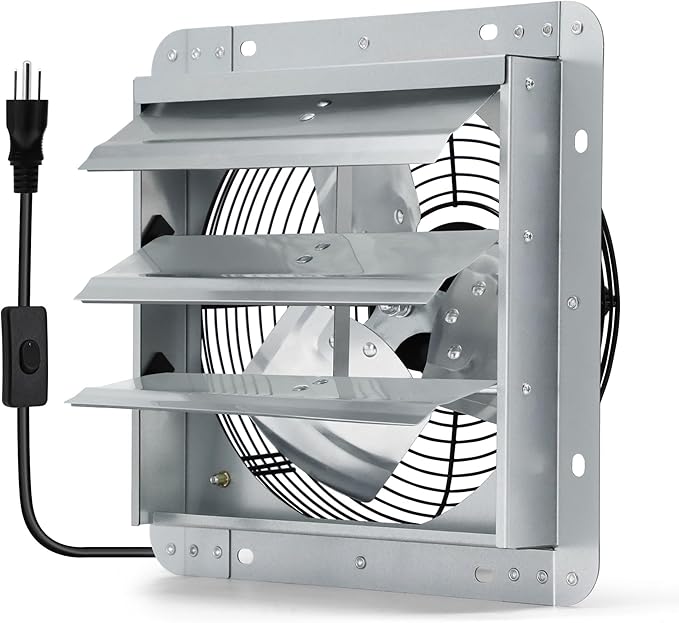 12 Inch Shutter Exhaust Fan, Wall Mount Attic Fan with Power Cord for Greenhouses, Sheds, Garages, Chicken Coops, Barns Ventilation, 970 CFM