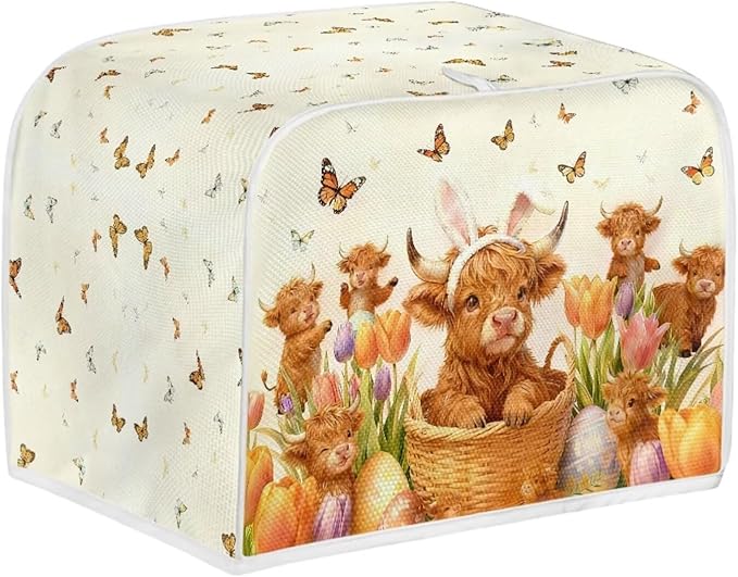 Easter Tulip 2 Slice Toasters Cover Anti-Stains Highland Cattle Print Bread Maker Covers with Handle Holiday Kitchen Decor Small Appliance Covers