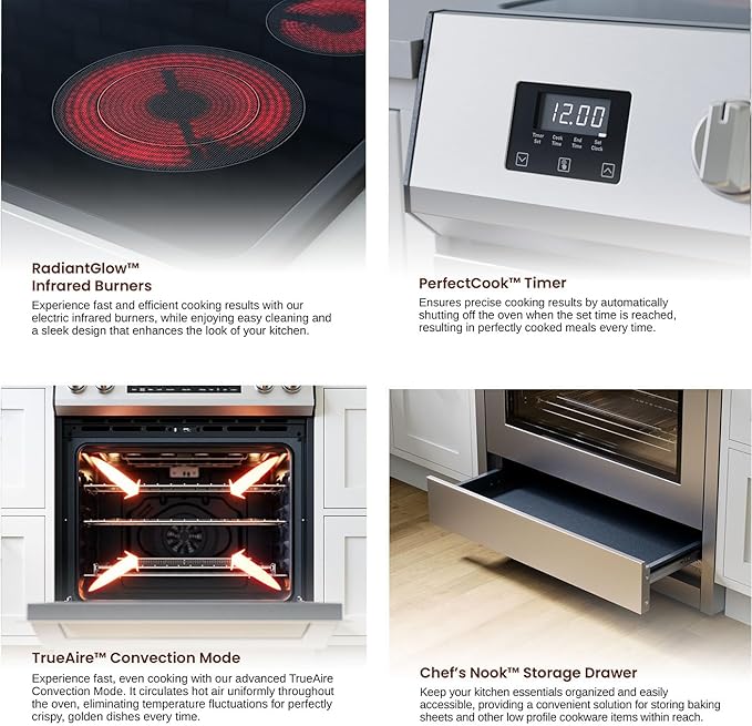 Rangaire RRE303TS Electric Range Oven with Timer and AirFry Infrared Stove Burners, True Convection, Easy Reach Racks, 30", Stainless Steel