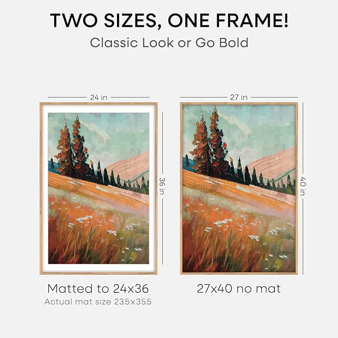 Homeforia Wood Poster Frame 27x40, High End Natural Oak 27 x 40 Large Picture Frame with Mat 24 by 36, 27x40 Light Wooden Frames Matted to 24x36, 40x27 Movie Frames, Tempered Glass, Wall Kit, Set of 2
