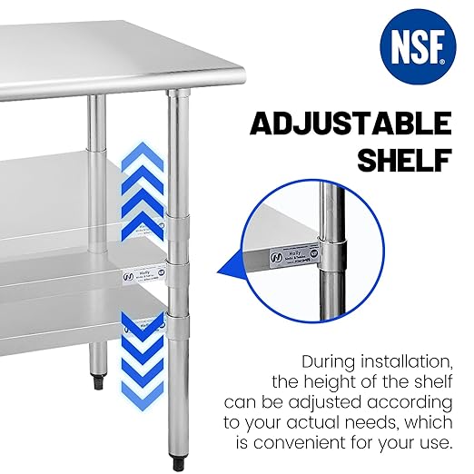 Hally Stainless Steel Table for Prep & Work 18 x 48 Inches, NSF Commercial Heavy Duty Table with Undershelf and Galvanized Legs for Restaurant, Home and Hotel