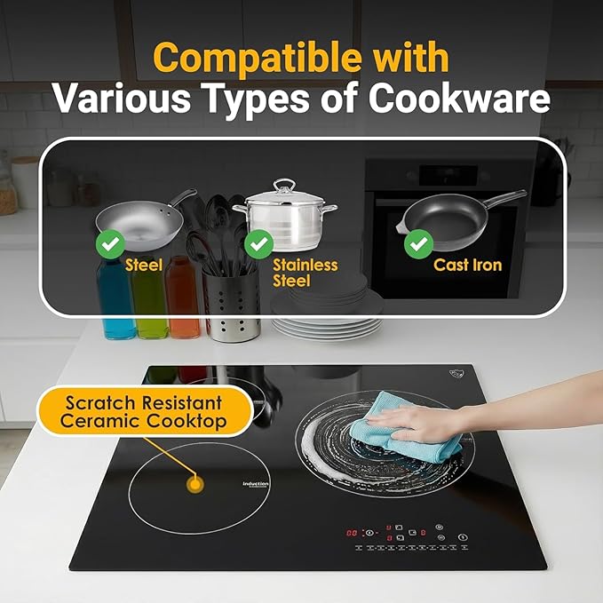 K&H 3 Burner Induction Cooktop - 24 Inch Built-In Electric Cermic Stove Top - 9 Heating Levels, 240V, 6000W High-Power Built-in Electric Stove Top - Child Lock, Timer & Touch Control - IN24-6803TB