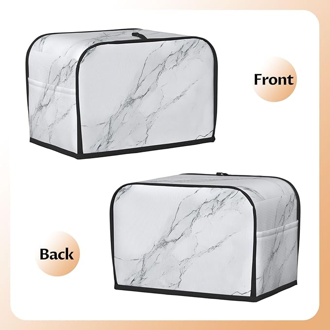 2 Slice Toaster Cover for Kitchen Marble White Gray Waterproof and Dustproof Oxford Fabric Toaster Dust Cover with Side Pockets Decorative Universal Cover for Wide Slot Toasters and Small Appliances