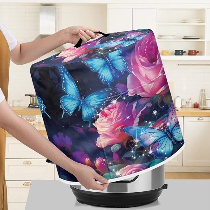 Flashideas Butterfly Roses Pressure Cooker Cover for Women Insulated Rice Cooker Cover with Easy to Clean Lining Waterproof Dust Cover with Pockets for Instant Pot 6 Quart Appliance Cover