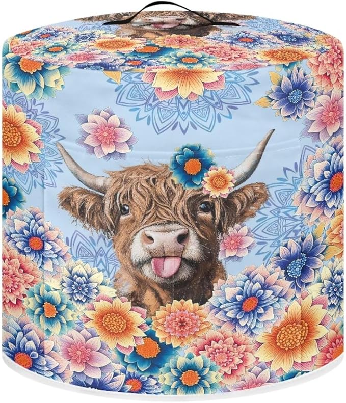 Xoenoiee Electric Pressure Cooker Cover Boho Mandala Highland Cattle Pattern Kitchen Appliance Dust Cover with Pockets, Compatible with Crock Pot, Rice Cooker, for 3 Qt Pot