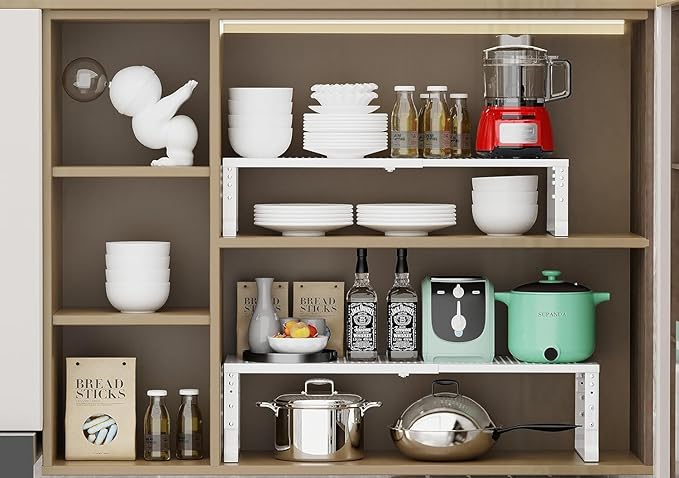 Expandable Cabinet Shelf Organizer Storage Spice Rack Shelves for Kitchen Stackable Adjustable Pantry Cupboard Bathroom Countertop Desktop(1Pack/White/Medium-with Hole)