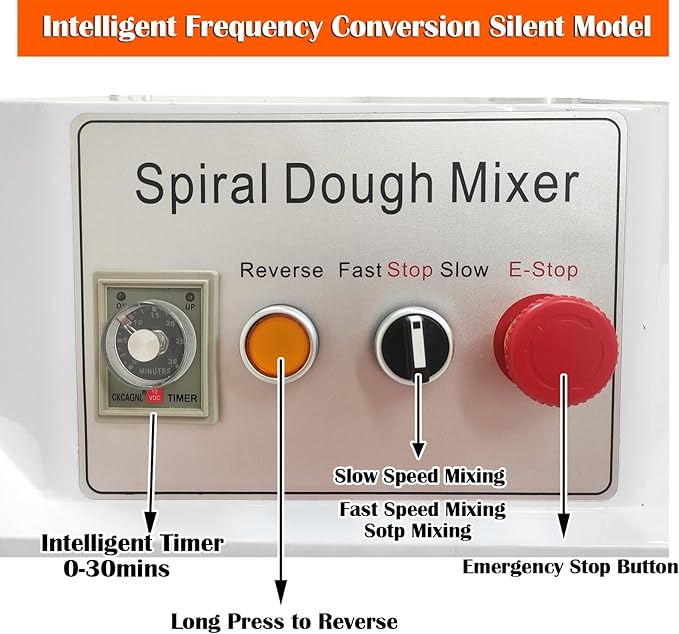 60L Commercial Dough Mixer 220V 3KW Dual Rotating Dough Kneading Machine with Stainless Steel Barrel/Security Cover/Timer Function Electric Stand Spiral Mixer for Restaurant Bakery Pizzeria