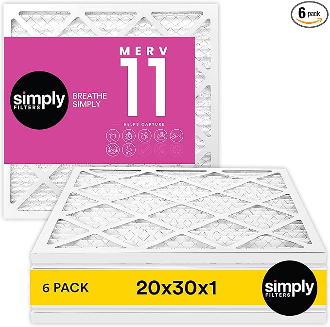 Simply 20x30x1 Air Filter, Merv 11, 6 Pack, For Home AC Furnace & HVAC (Actual Size: 19.94"x29.94"x0.75") DUST, Pet, & Allergy Control