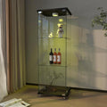 Yoluckea 3-Shelf Glass Display Cabinet with LED Lights, 1-Door Floor Standing Curio Cabinet with Universal Wheel for Home or Office, Black Glass Bookshelf for Collections, Decor, and Corner Display