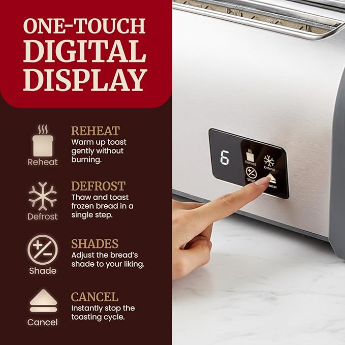 NEW Elite Gourmet ECT4200D Digital Long Slot 4-Slice Toaster, Touch Screen, 6 Toast Shades, Defrost, Reheat & Cancel Functions, Extra Wide 1.5” Slots, Fits Specialty Breads, Bagels & More, Stainless