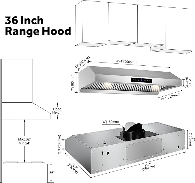 36 inch Range Hood Under Cabinet 1200 CFM with 4-Speed Gesture Sensing & Touch Control, Stainless Steel Kitchen Stove Vent Hoods with 2 LED Lights, Time Setting, Dishwasher-Safe Baffle Filters
